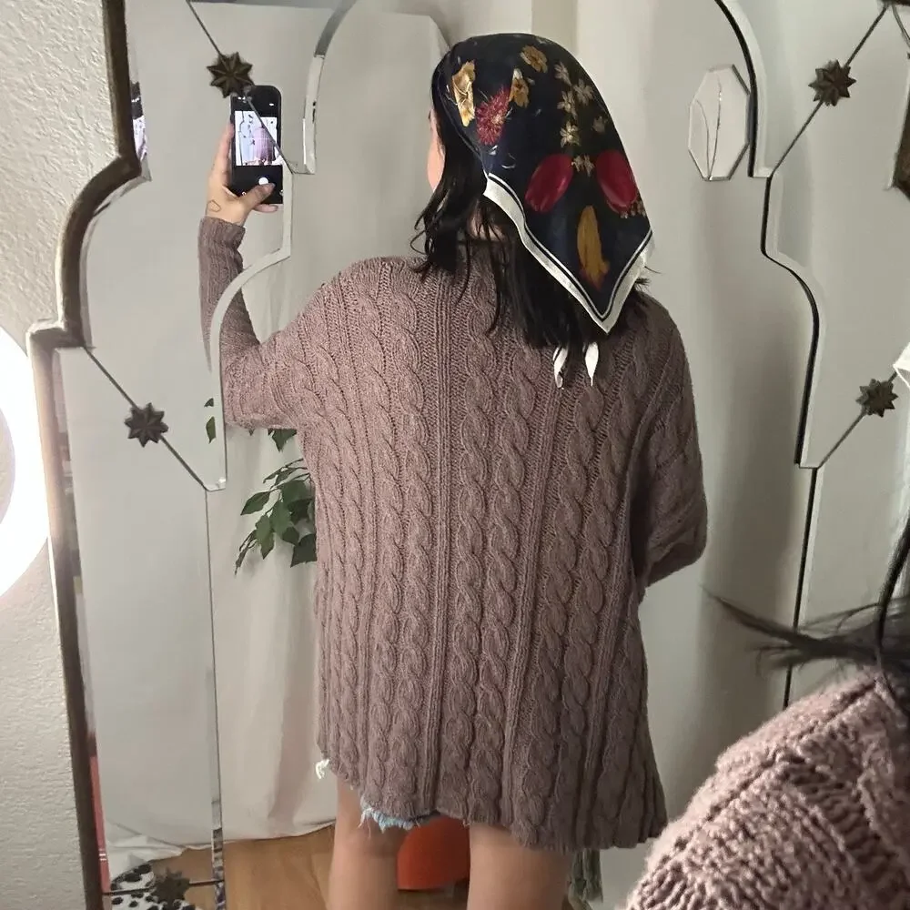Free People Easy Cable V-Neck Sweater Mushroom Brown Size XS Cottagecore